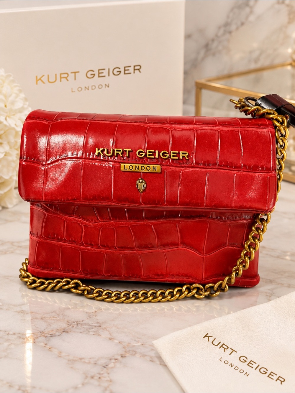 Kurt Geiger Red Croc-Embossed Leather Crossbody with Gold Chain